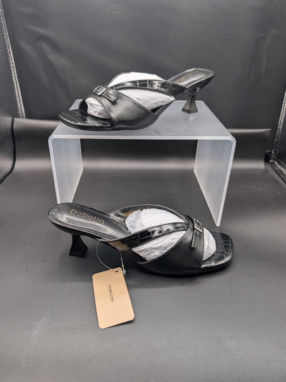 Black Croc-Trim Open-Toe Mules